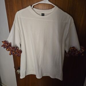 SHEIN Cream Tee with Floral Ruffle Sleeves